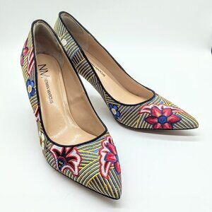 Neiman Marcus Multicolor Floral Striped Embroidered Heels 8M
